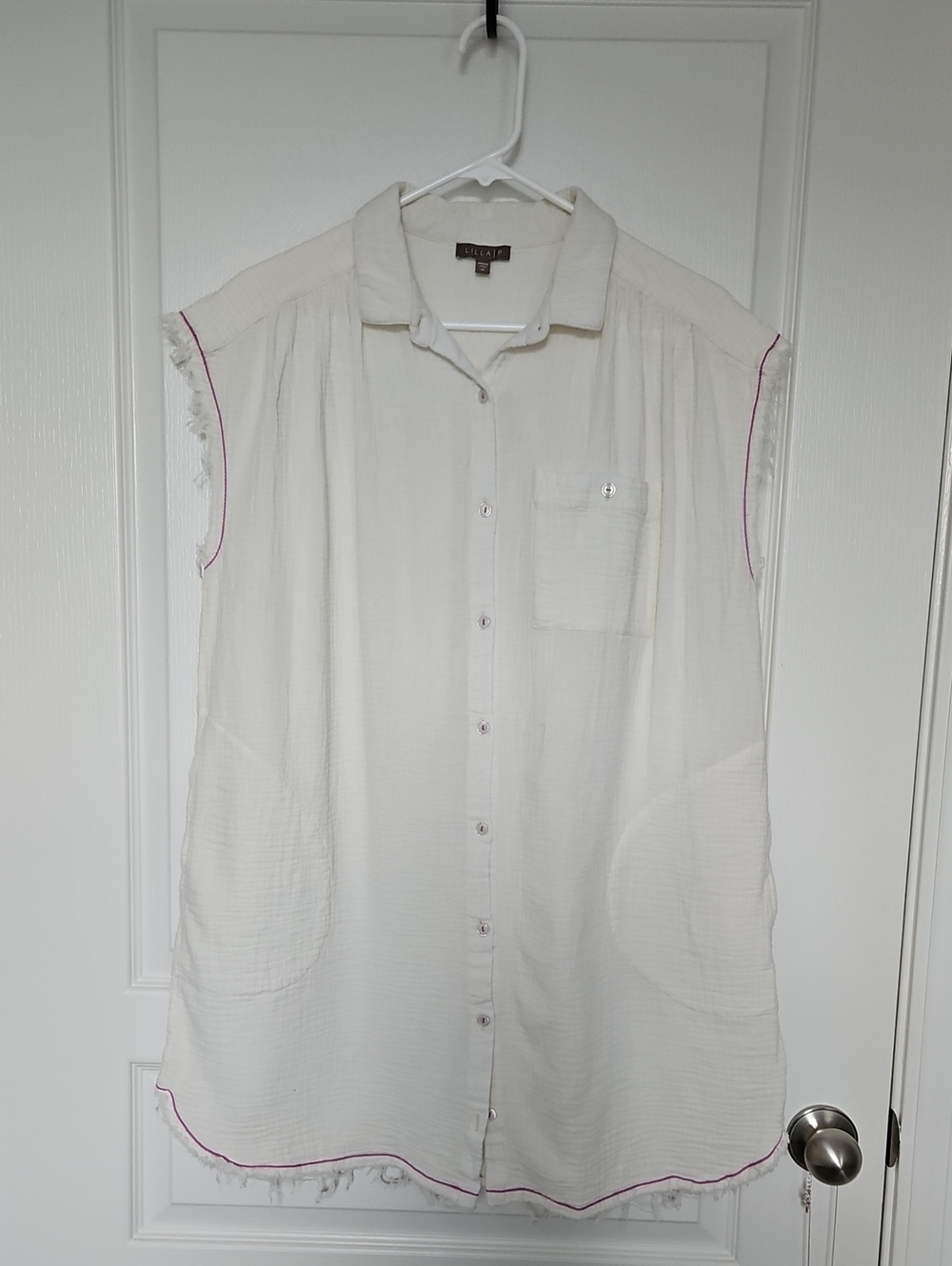 Lilla P White Short Sleeve Button-Front Shirt with Pink Trim, Medium